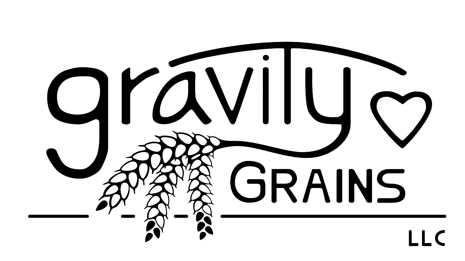 The Gravity Grains logo represented by a clutch of wheat decending into the ground as seeds and a heart representing life, love, and altruistic stewardship.